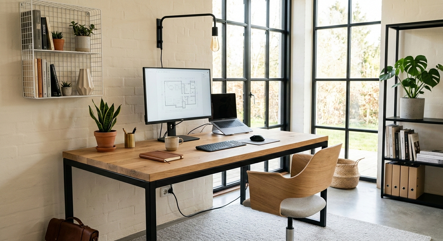 espacio de estilo nórdico industrial con madera clara y estructura metálica